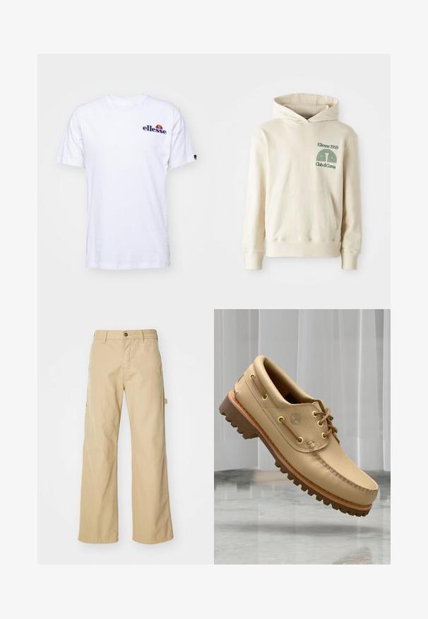 Béžová bavlnená mikina s klokaním vreckom. Zelený textový logotyp "Ellesse 1959" a zakrivená grafika na ľavej hrudi. Mäkkučký materiál, klasický strih.; Biela bavlnená tričko s krátkymi rukávmi, na ľavej hrudi s námornícko modrým vyšitým logom a živou farebnou akcentáciou nad logom.; Béžové široké cargo nohavice s gombíkovým zapínaním, so bočnými vreckami, vyrobené z odolnej bavlnenej látky, hladkej textúry a rovného strihu.; Svetlohnedé kožené lodné topánky s hrubou, akoby ryhovanou podrážkou a detailmi šnurovania, plávajúce nad mramorovou podlahou a pozadím bielych vertikálnych roliet.
