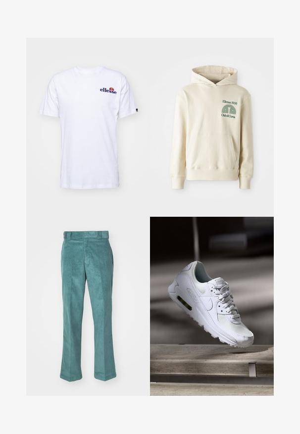 Béžová bavlnená mikina s klokaním vreckom. Zelený textový logotyp "Ellesse 1959" a zakrivená grafika na ľavej hrudi. Mäkkučký materiál, klasický strih.; Biela bavlnená tričko s krátkymi rukávmi, na ľavej hrudi s námornícko modrým vyšitým logom a živou farebnou akcentáciou nad logom.; Tyrkysové kordové nohavice s rovnými nohavicami, s hladkou textúrou, pútkom na opasok a bočnými vreckami. Žiadne viditeľné vzory ani kovania.; Biele tenisky Nike Air Max 90 s vrchnou časťou z kože a sieťoviny, perforovanou špičkou a viditeľnou vzduchovou jednotkou v päte.