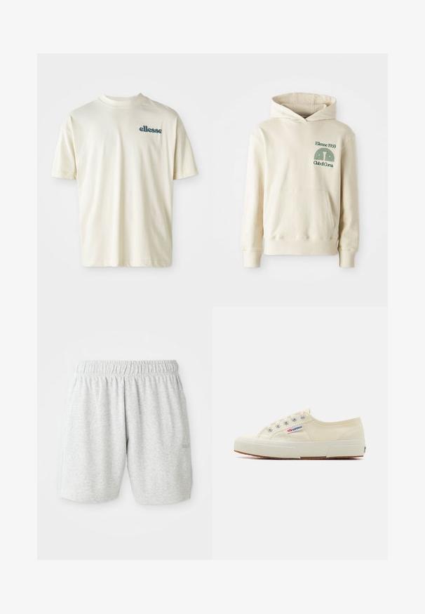 Béžová bavlnená mikina s klokaním vreckom. Zelený textový logotyp "Ellesse 1959" a zakrivená grafika na ľavej hrudi. Mäkkučký materiál, klasický strih.; Krémová krátkoprstová košeľa vyrobená z mäkkého materiálu, s okrúhlym výstrihom a malým zeleným vyšívaným logom "ellesse" na ľavej hrudi.; Sivé bavlnené šortky s elastickým pásom, s hladkou textúrou a bočnými vreckami. Jemný detail loga na leme.; Béžové plátené tenisky s nízkym profilom, kovovými očkami a gumovou podrážkou. Obsahujú textúrovaný vzor a detail loga na boku.