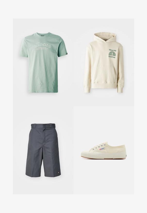 Beige Baumwoll-Hoodie mit einer Kängurutasche. Grüner Text-Logo "Ellesse 1959" und geschwungenes Grafikdesign im linken Brustbereich. Weiche Textur, reguläre Passform.; Ellesse QUESCO TEE - T-Shirt print - green; Graue Shorts aus robustem Stoff, mit geradem Schnitt, zwei Seitentaschen und einem kleinen Logo auf der Gesäßtasche.; Beige Leinen-Sneaker mit niedrigem Profil, Metallösen und Gummisohle. Mit einem strukturierten Muster und einem Logodetail an der Seite.