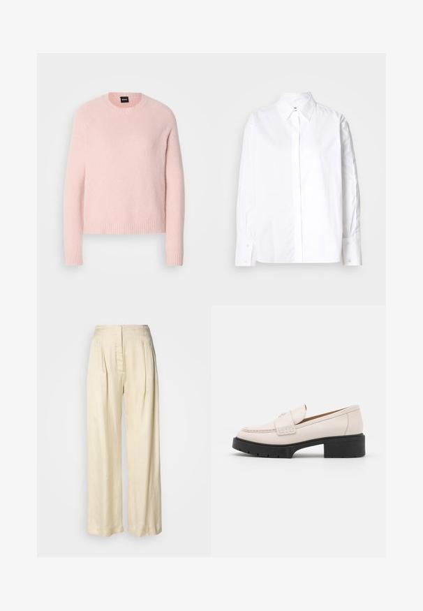 Pull en laine doux, rose clair, avec un col rond, des poignets et un ourlet côtelés. Présente un design simple sans motifs ni embellissements.; Chemise blanche à col classique, à manches longues et avec poignets à bouton. Fabriquée en tissu doux, elle présente une patte de boutonnage sur le devant.; Pantalon en soie crème taille haute avec plis, jambes larges et fermeture éclair avant dissimulée sur un fond blanc uni.; Mocassins en cuir beige clair avec un devant cousu et un talon platform texturé noir. Présente un design incurvé et une légère élévation.