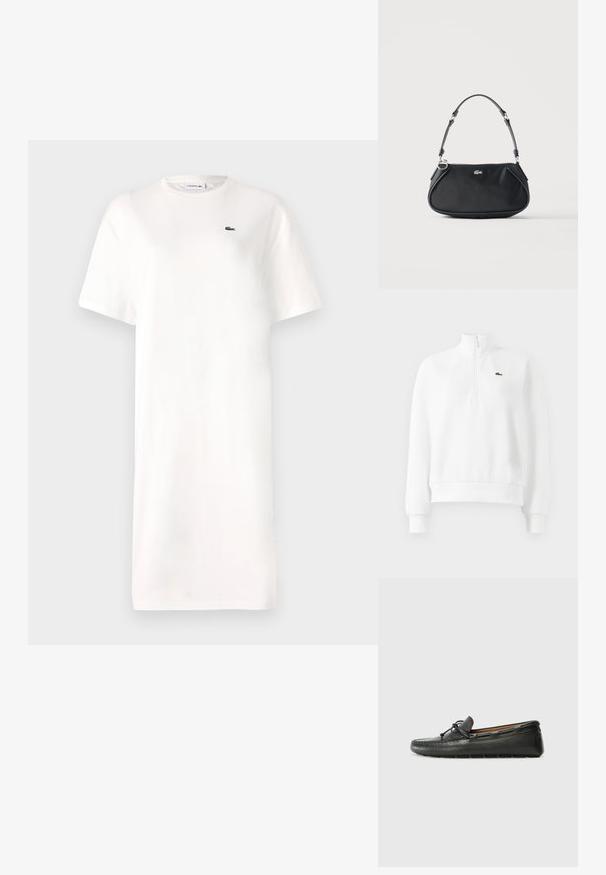 Sudadera blanca de manga larga con cremallera de cuarto, con puños y dobladillo acanalados, que presenta un pequeño logo de cocodrilo bordado en verde en el pecho.; Vestido blanco de camiseta hecho de algodón, con cuello redondo, mangas cortas y un pequeño logo verde en el pecho. Silueta simple y recta.; Zapato náutico de cuero negro con punta redondeada, detalles de costura, pequeño lazo decorativo y suela de goma. Textura suave y diseño aerodinámico.; Bolso de hombro negro con correa ajustable, cierre de cremallera y pequeño logo plateado de cocodrilo en el centro delantero.