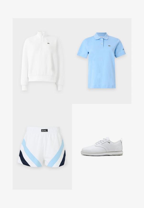 Weißes Sweatshirt mit langen Ärmeln und Viertelreißverschluss, mit gerippten Bündchen und Saum, auf der Brust mit einem kleinen, grünen, bestickten Krokodil-Logo.; Hellblaues Poloshirt mit kurzen Ärmeln, zwei weißen Knöpfen, einem weichen Kragen und einem kleinen grünen Krokodil-Logo auf der linken Brust.; Weiße Sportshorts mit elastischem Bund, versehen mit hellblauen und marineblauen diagonalen Streifen sowie einem schwarzen Lacoste-Logo-Patch in der Mitte des Rückens.; Weiße Sportschuhe mit glattem Obermaterial aus synthetischem Leder, strukturierten Akzenten, gepolsterter Knöchelstütze und gummierter Sohle mit guter Traktion. Silberne Logodetails.
