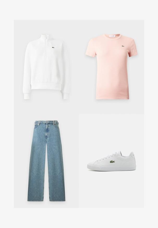 Sudadera blanca de manga larga con cremallera de cuarto, con puños y dobladillo acanalados, que presenta un pequeño logo de cocodrilo bordado en verde en el pecho.; Camiseta de manga corta con ribetes en rosa claro, cuello redondo y un pequeño logo de cocodrilo verde de Lacoste en el pecho izquierdo.; Vaqueros de pierna ancha azul claro con cintura alta, trabillas para el cinturón, botón frontal y cierre de cremallera sobre un fondo blanco.; Zapatilla de cuero blanca con punta redondeada, diseño de cordones, logo de cocodrilo bordado en verde y suela de goma texturizada.