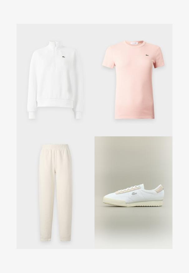 Hvid langæret sweatshirt med kvart-zip, ribbede manchetter og kant, med et lille grønt broderet krokodille-logo på brystet.; Lyserød ribbet T-shirt med korte ærmer, rund halsudskæring og et lille grønt Lacoste-krokodillelogo på venstre bryst.; Cremefarvede sweatpants lavet af blødt stof. Har en elastisk talje og tapered ben design med subtile stikningsdetaljer.; Hvide lædersneakers med en beige ruskindsdetalje. Har en rund tå, flade snørebånd og en tekstureret sål. Lacoste-logo på siden.