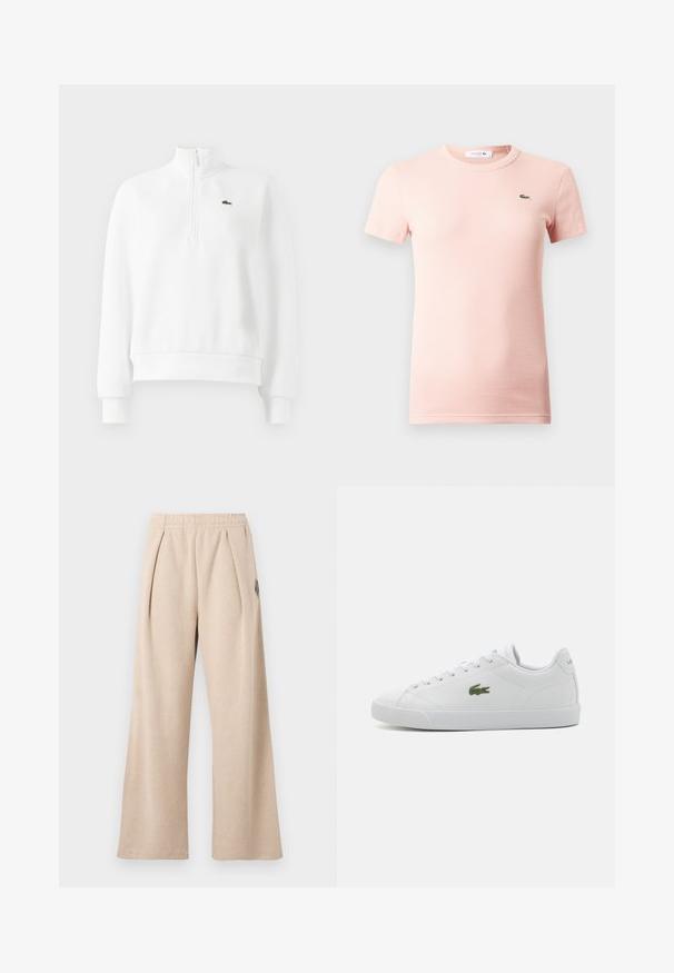Hvid langæret sweatshirt med kvart-zip, ribbede manchetter og kant, med et lille grønt broderet krokodille-logo på brystet.; Lyserød ribbet T-shirt med korte ærmer, rund halsudskæring og et lille grønt Lacoste-krokodillelogo på venstre bryst.; Beige vidde bukser med tekstureret stof, der har forreste folder og elastisk taljebånd. Detaljeret med en subtil logoaccent.; Hvide lædersneakers med rund tå, snøre-design, grøn broderet krokodille-logo og struktureret gummisål.