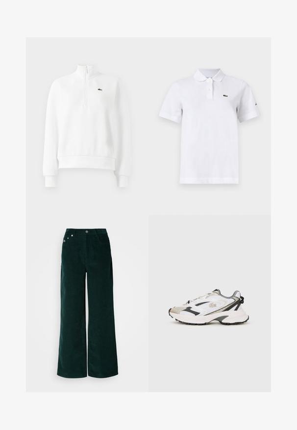 Sudadera blanca de manga larga con cremallera de cuarto, con puños y dobladillo acanalados, que presenta un pequeño logo de cocodrilo bordado en verde en el pecho.; Camiseta polo blanca de manga corta con dos botones, un pequeño logotipo verde de cocodrilo en el pecho izquierdo y un sutil logotipo negro en la manga izquierda.; Pantalones de pana de pierna ancha en verde oscuro. Presentan una textura acanalada horizontal, bolsillos frontales y cierre con botones con detalles de marca.; Zapatillas blancas y grises con parte superior de malla, acentos negros y suela texturizada. Presentan cordones, marca y elementos de diseño en contraste.