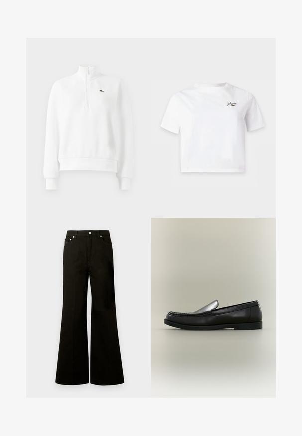 Sweatshirt blanc à manches longues et fermeture éclair quart, avec des poignets et un bas côtelés, arborant un petit logo crocodile brodé en vert sur la poitrine.; T-shirt blanc court à manches courtes avec un petit logo noir sur la poitrine gauche.; Jean noir taille haute à jambes larges avec bouton et fermeture éclair à l'avant, passants pour ceinture et cinq poches dont une petite poche pour pièces.; Mocassin en cuir noir avec couture moc toe, petit talon et design à enfiler sur fond neutre.
