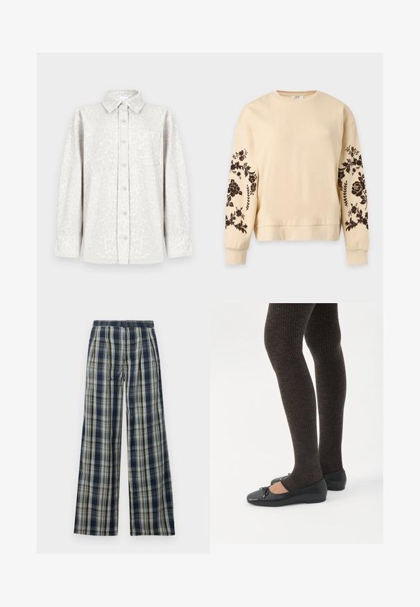 Sweat-shirt beige à manches longues avec motifs floraux noirs sur les deux manches et poignets et ourlet côtelés.; Chemise à boutons imprimé léopard en tissu gris clair, avec un col pointu, une poche poitrine et des manches longues.; Pantalon de pyjama à carreaux bleu marine avec des rayures blanches et jaunes, taille boutonnée et coupe décontractée droite.; Jambes portant des leggings côtelés foncés associés à des ballerines noires avec de petits détails en nœud sur fond blanc.