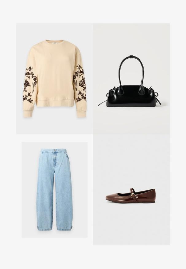 Sweat-shirt beige à manches longues avec motifs floraux noirs sur les deux manches et poignets et ourlet côtelés.; Jean en denim bleu clair à jambes larges, fermeture par bouton et zip, poches latérales et cordons ajustables aux chevilles.; Ballerine en cuir verni marron avec un bout carré et une lanière ornée d'une petite boucle dorée. Texture lisse, talon bas et design minimaliste.; Petit sac à main noir brillant avec deux longues anses et des détails à cordon sur les côtés sur un fond clair uni.