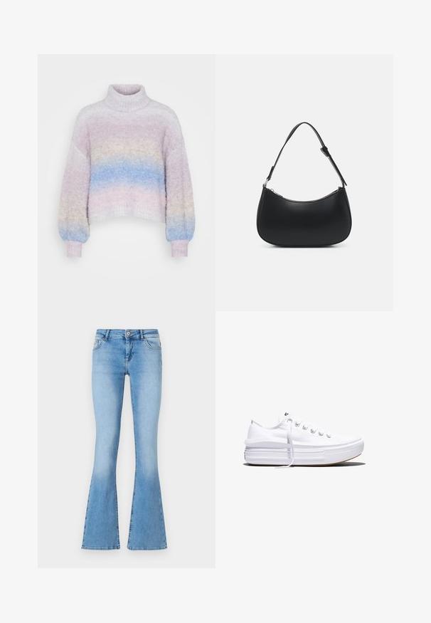 Hæklet turtleneck sweater i pastelfarver, med en gradient af pink, lilla og blå. Oversize pasform med ribbede manchetter og kant.; Lysblå flagrende jeans lavet af denim med midt-høj talje, med forlommer og syninger langs sømme og kanter.; Hvid lavt snørestøvle med tyk plateau-sål, snørelukning foran og gummiforstærket tåkap, set i sideprofil.; Pieces PCALUANA SHOULDER BAG - Håndtasker - black