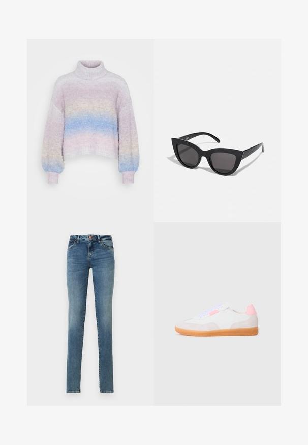 Hæklet turtleneck sweater i pastelfarver, med en gradient af pink, lilla og blå. Oversize pasform med ribbede manchetter og kant.; Slanke jeans lavet af lyseblå denim, med knaplukning, fem lommer, subtilt slid og et klassisk design.; Hvide sneakers med ruskinds- og læderpaneler, der har en lyserød hæltab, lilla snørebånd og en gummisål med en struktureret mønster.; Sorte cat-eye solbriller med mat finish, der har grå tonede linser, skarpe vinkler og slanke sidearme. Mærkenavnet er synligt på den indre arm.