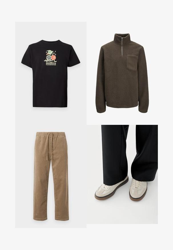 Brun fleece pullover med høj krave, halv lynlås og brystlomme. Blød tekstur og afslappet pasform med lange ærmer.; Sort bomulds t-shirt med et farverigt grafisk print af en ananas og kirsebær, teksten lyder "Stance Community Run Club." Korte ærmer.; Brune fløjlsbukser med elastisk talje og snøre, der har en afslappet pasform og lige ben, struktureret overflade med ribbet mønster.; Fødder iført beige sneakers med brune såler og sorte bukser med vide ben på hvid baggrund.