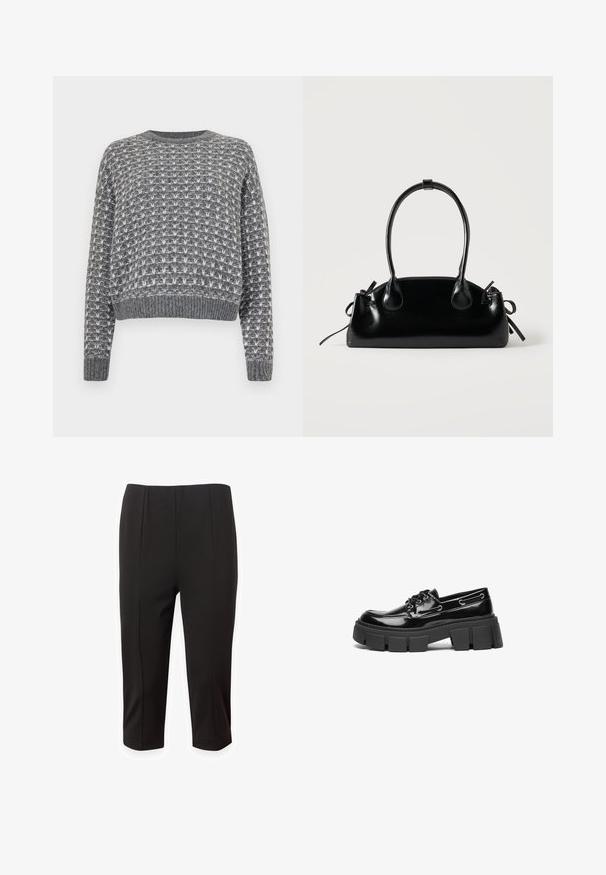 Noisy May NMMAELYS O NECK - Πουλόβερ - charcoal gray/cloud dancer; Μαύρο cropped παντελόνι φτιαγμένο από λείο ύφασμα, με κομψό σχέδιο που περιλαμβάνει πιέτες μπροστά και ίσια γραμμή. Χωρίς εμφανείς τσέπες ή διακοσμήσεις.; Μαύρο λουστρίνι loafers με χοντρή μαύρη πλατφόρμα και διακοσμητικές οπές. Λείος υφής με στρογγυλή μύτη και λεπτομέρεια δέσιμου.; Μικρή μαύρη γυαλιστερή τσάντα με δύο μακριές λαβές και λεπτομέρειες με ρυθμιζόμενο κορδόνι στο πλάι σε απλό ανοιχτό φόντο.