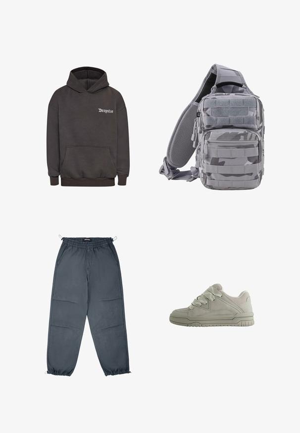 Dropsize DROPSIZE HERREN DROPSIZE HEAVY CLOUD DOVE HOODIE - Mikina s kapucňou - washed black; Šedé joggingové nohavice s elastickým pásom, postrannými vreckami a elastickými manžetami, s hladkou textúrou a rovný strihom.; Nízkoprofilová sivá teniska s hrubými textúrovanými šnúrkami, polstrovaným golierom, šitými panelmi a ryhovanou gumovou podrážkou pre lepšiu trakciu.; Brandit US COOPER EVERYDAYCARRY-SLING - Taška cez plece - blizzard camo