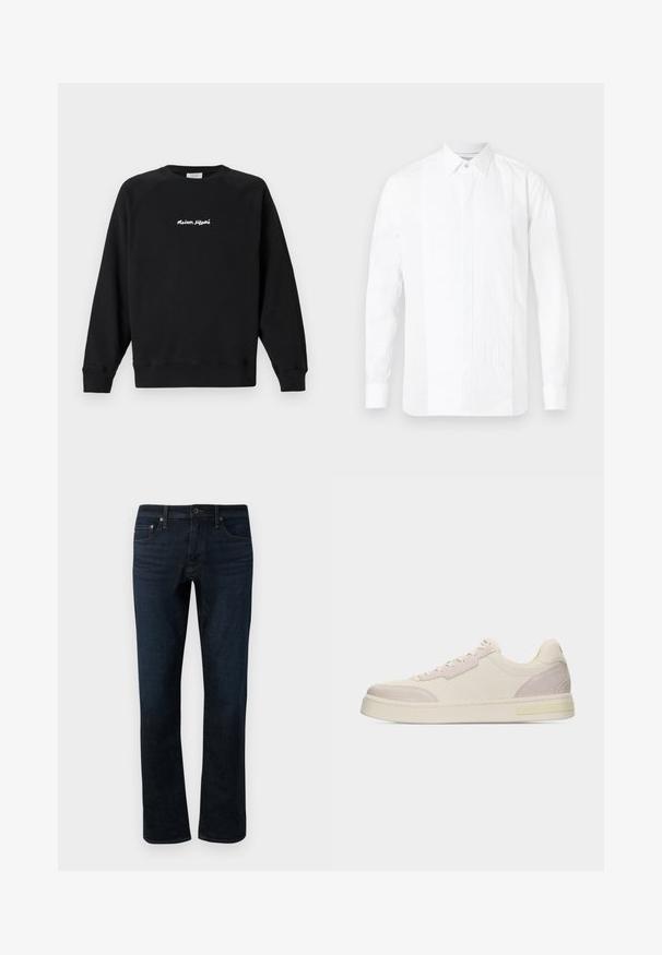 Schwarzes Sweatshirt mit Rundhalsausschnitt und langen Ärmeln, mittig auf der Brust mit weißer Aufschrift "Maison Kitsuné" versehen, vor einem einfarbigen hellen Hintergrund gezeigt.; Weißes Langarmhemd mit klassischem Kragen, versehen mit einer plissierten Vorderseite und glatten Seiten, gefertigt aus Baumwollstoff. Dezenter glänzender Effekt.; Dunkelblaue Denim-Jeans mit geradem Bein, ausgestattet mit einem klassischen Fünf-Taschen-Design und subtilen Steppdetails.; Beiger Sneaker in niedriger Ausführung mit Veloursleder-Akzenten an Zehen- und Fersenbereich, Schnürverschluss und flacher Gummisohle vor weißem Hintergrund.