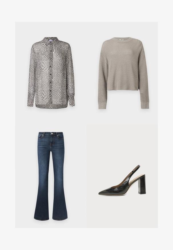 Pull gris clair à manches longues en maille, col rond et poignets côtelés, présentant un motif ajouré ample sur toute la surface.; Blouse noire et blanche translucide avec un devant à boutons, des manches longues et un motif abstrait avec des textures variées.; Jeans évasés en denim bleu foncé avec une texture lisse, dotés de cinq poches, d'une braguette zippée et de coutures contrastantes orange le long des coutures.; Chaussure slingback en cuir noir à bout pointu avec un talon bloc haut et une doublure intérieure beige sur un fond clair uni.