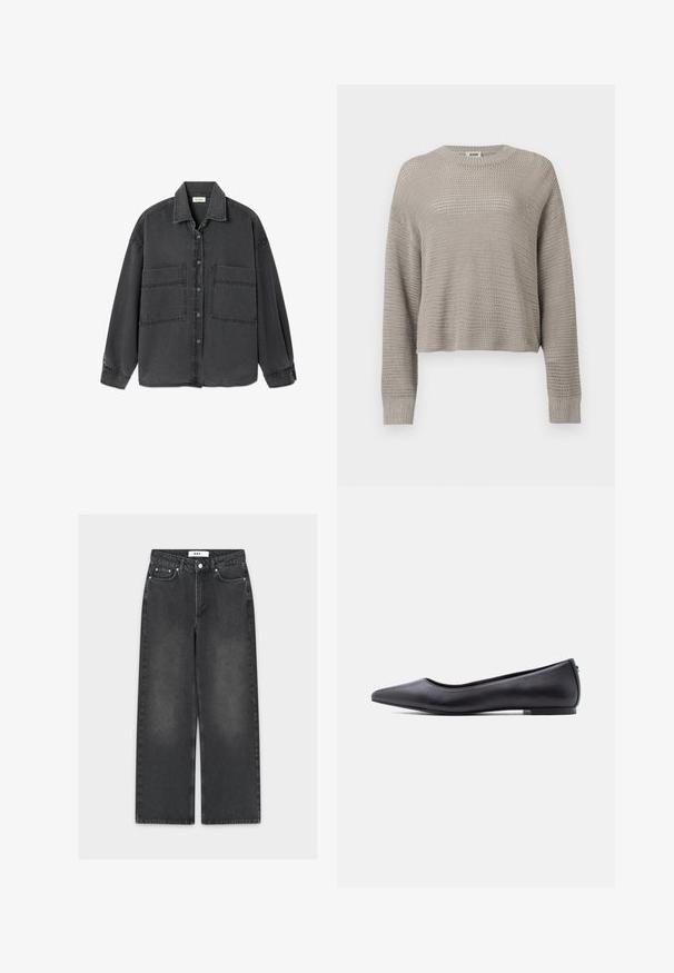 Lichtgrijze gebreide trui met lange mouwen, een ronde hals en geribbelde manchetten, met een los, opengeweven patroon over het geheel.; Donkergrijze denim blouse met knopen, twee grote voorzakken en een klassieke kraag, plat gelegd op een witte achtergrond.; Zwarte wijde broekspijpen spijkerbroek met een vervaagde afwerking, voorzien van een knoop- en ritssluiting, een ontwerp met vijf zakken en contrasterend stiksel.; Zwarte platte leren schoen met puntige neus en lage hak, zijaanzicht tegen een witte achtergrond.