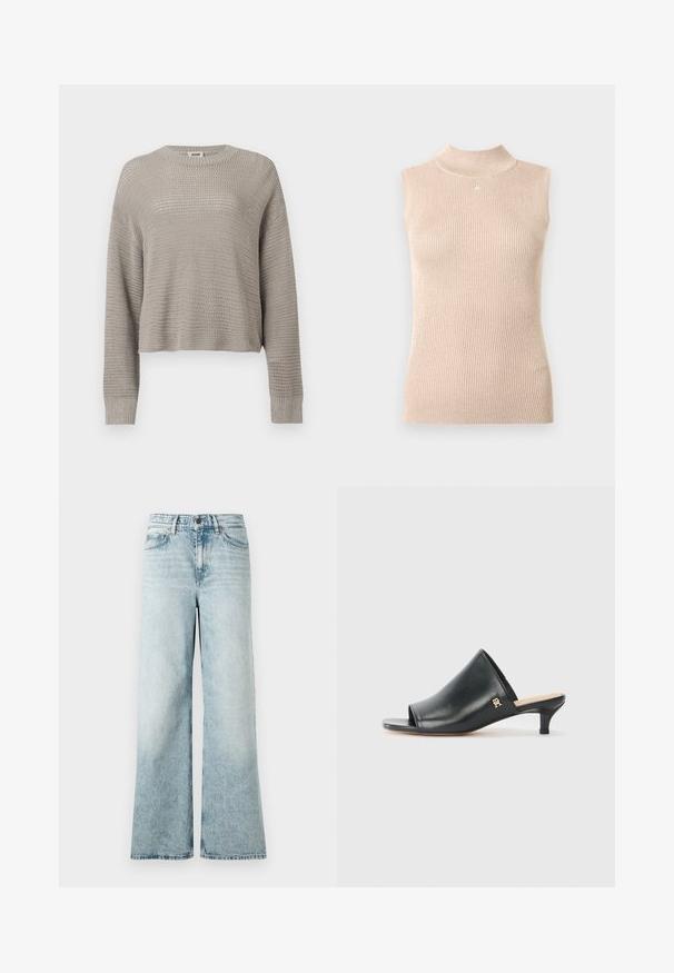 Pull gris clair à manches longues en maille, col rond et poignets côtelés, présentant un motif ajouré ample sur toute la surface.; Haut sans manches à col montant en maille côtelée beige doux. Présente un léger éclat, une forme ajustée et un petit logo au niveau de l'encolure.; Jean large bleu clair en denim, avec taille haute, ourlet court et une texture douce avec des détails décolorés.; Mules ouverts en cuir noir avec un talon bas. Présentent une surface lisse et un accent logo doré sur le côté.