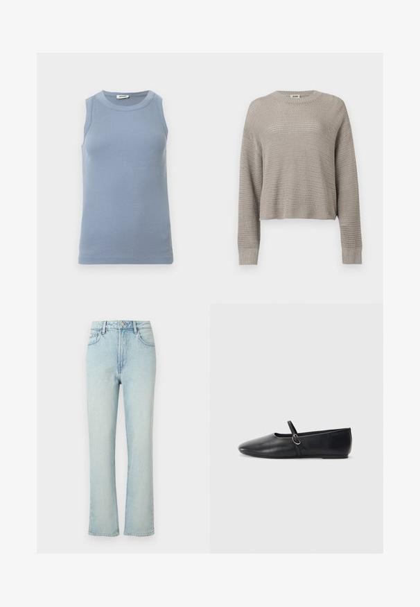 Pull gris clair à manches longues en maille, col rond et poignets côtelés, présentant un motif ajouré ample sur toute la surface.; Haut bleu sans manches avec une texture côtelée, un col rond et une coupe ajustée. Le tissu semble lisse et léger.; Jean bleu clair taille haute à jambes droites avec bouton avant, passants de ceinture et design classique à cinq poches sur fond uni.; Ballerines noires en cuir avec un bout pointu, une semelle plate et une petite sangle avec un détail de boucle en argent.