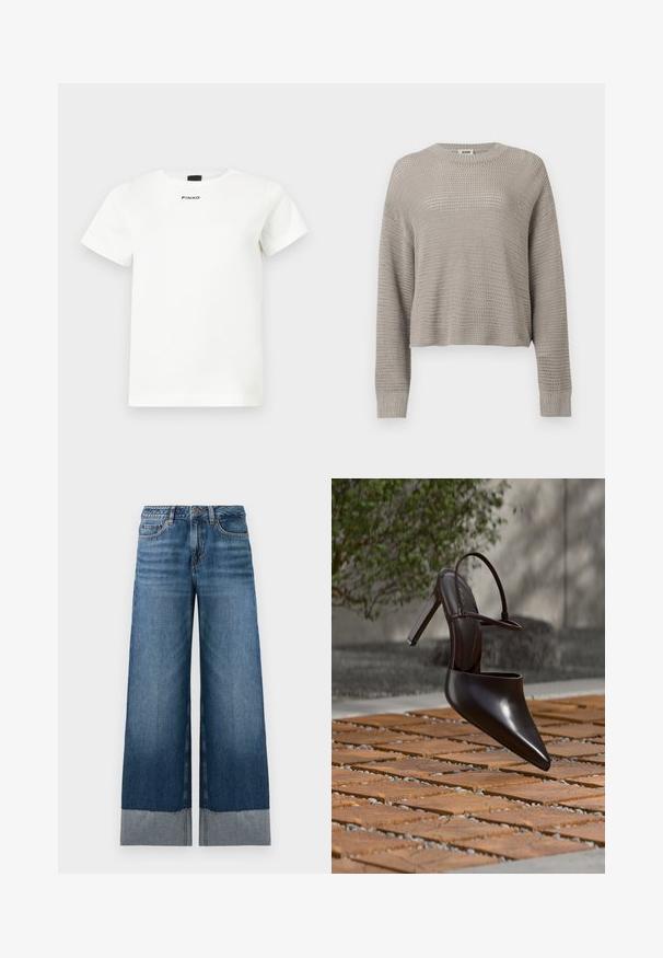 Pull gris clair à manches longues en maille, col rond et poignets côtelés, présentant un motif ajouré ample sur toute la surface.; T-shirt blanc à manches courtes avec col rond, design minimaliste, et logo "PINKO" centré sous l'encolure.; Jean bleu à jambes larges avec un dégradé de denim plus foncé à plus clair, présentant un ourlet brut et des détails de couture subtils. Design classique à cinq poches.; Mule noire brillante à talons hauts avec bout pointu et bride à la cheville, suspendue au-dessus d'une surface carrelée en terre cuite avec des interstices remplis de gravier.