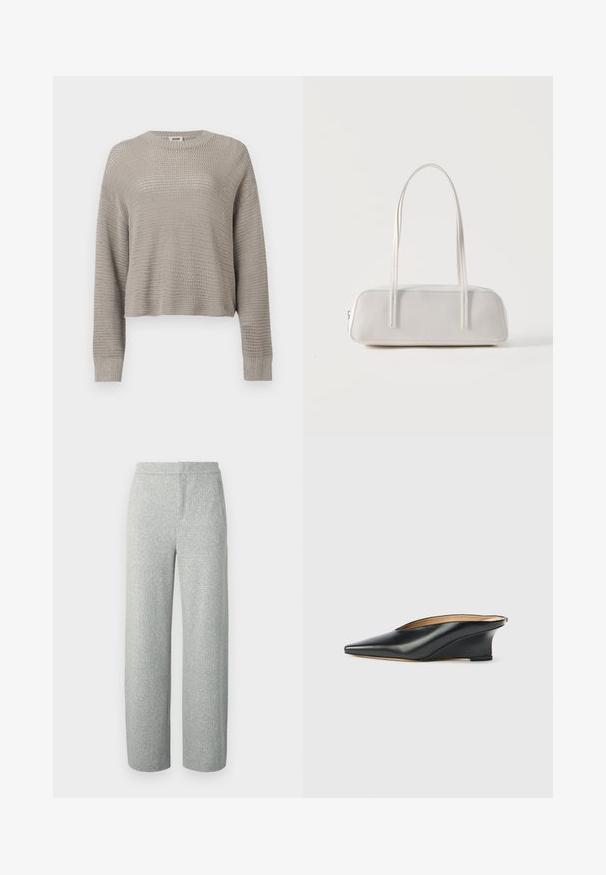 Pull gris clair à manches longues en maille, col rond et poignets côtelés, présentant un motif ajouré ample sur toute la surface.; Pantalon tissé gris clair avec une texture chinée subtile, présentant une coupe large et une ceinture plate, sans éléments métalliques visibles ni poches.; Chaussure compensée en cuir verni noir avec un bout pointu et un dos ouvert, présentant un design élégant et courbé ainsi qu'un style minimaliste.; Sac d'épaule rectangulaire blanc avec des bretelles longues et fines, couture minimale, et fermeture éclair sur un fond uni.