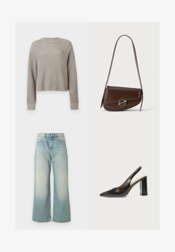 Pull gris clair à manches longues en maille, col rond et poignets côtelés, présentant un motif ajouré ample sur toute la surface.; Jeans en denim bleu clair à jambes larges, présentant un délavage, un design classique à cinq poches et une fermeture à bouton à l'avant.; Chaussure slingback en cuir noir à bout pointu avec un talon bloc haut et une doublure intérieure beige sur un fond clair uni.; Sac à épaule en cuir marron avec rabat asymétrique et fermoir circulaire argenté, présenté sur un fond blanc uni.