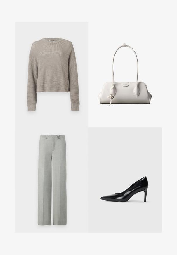 Suéter gris claro de punto con mangas largas, cuello redondo y puños acanalados, presenta un patrón suelto de tejido abierto en toda la prenda.; Pantalones gris de pierna ancha en una tela ligera, con un frente plano, presillas para cinturón y líneas limpias y ajustadas sin patrones visibles.; Zapato de tacón alto de cuero negro con punta afilada, textura suave y tacón en forma de cono. Diseño minimalista, sin adornos adicionales.; Bolso de hombro blanco de Calvin Klein con asas largas, forma rectangular, cierre de cremallera y charm decorativo con el logo colgando cerca del asa.