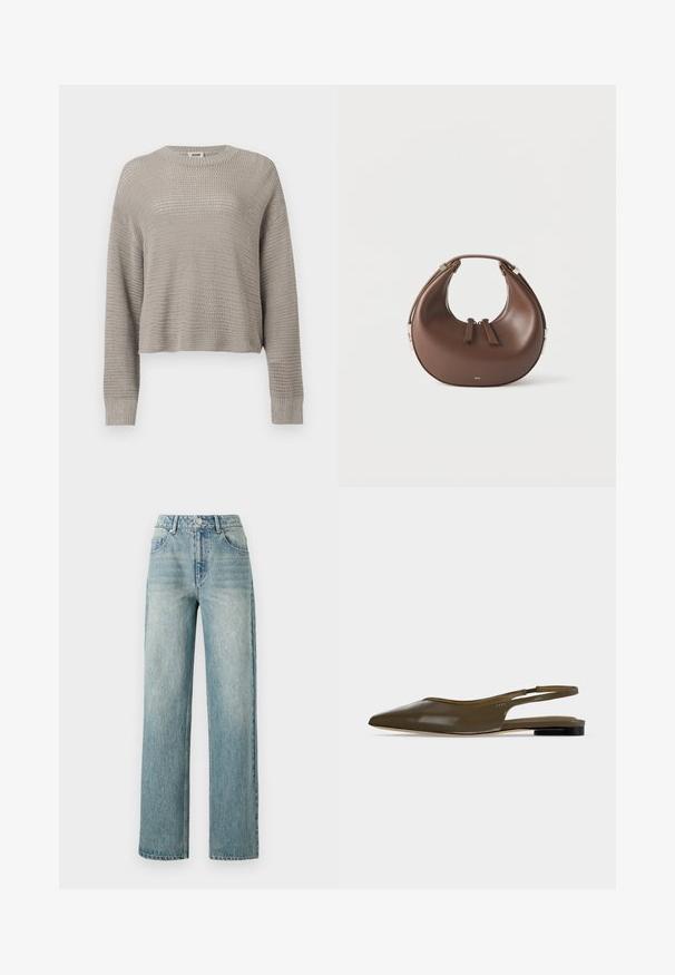 Lichtgrijze gebreide trui met lange mouwen, een ronde hals en geribbelde manchetten, met een los, opengeweven patroon over het geheel.; Copenhagen Muse JEANNE PANTS - Relaxed fit jeans - medium dirty washed denim; Olijfgroene platte slingback met spitse neus, lage zwarte hak en een gladde, glanzende afwerking.; Bruine, halvemaanvormige leren handtas met een bovenhandvat en dubbele ritssluitingen op een witte achtergrond.