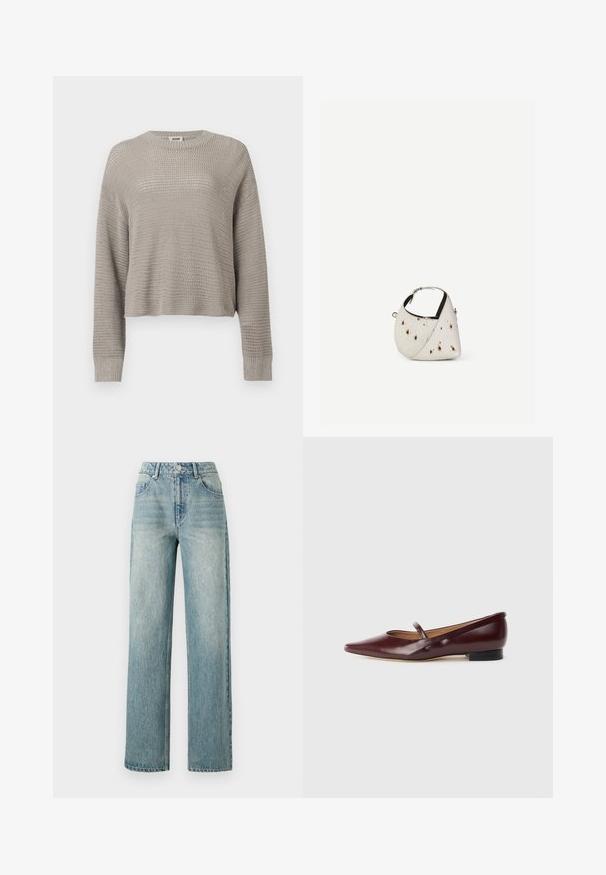 Lysegrå strikket trøje med lange ærmer, rund hals og ribstrikkede manchetter, med et løst, åbent vævemønster over det hele.; Copenhagen Muse JEANNE PANTS - Jeans Relaxed Fit - medium dirty washed denim; Burgundyrød patenteret lædersko med spids tå og en dekorativ rem over vristen. Har en lav sort hæl.; Lille hvid håndtaske med brune pletter, afrundet trekantet form, sort indvendig foring og kort justerbar rem med sølvspænde.