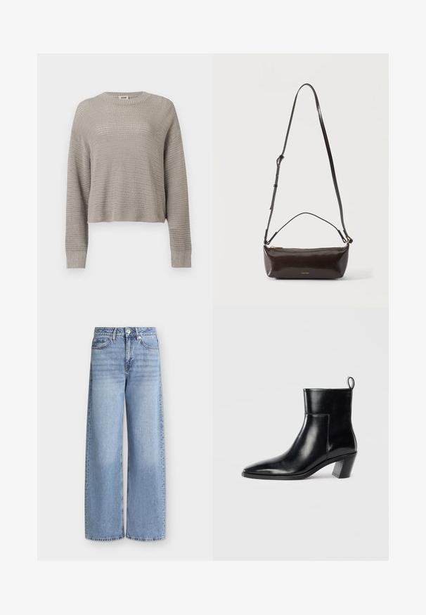 Pull gris clair à manches longues en maille, col rond et poignets côtelés, présentant un motif ajouré ample sur toute la surface.; Jean bleu clair à jambes larges avec poches avant, passants de ceinture, fermeture par boutons et détails délavés sur les cuisses.; Bottine en cuir noir avec un bout pointu, un talon empilé géométrique et une languette à l'arrière. Texture lisse et design épuré.; Petit sac à bandoulière en cuir marron foncé brillant avec bandoulière réglable, poignée supérieure et fermeture éclair dorée.