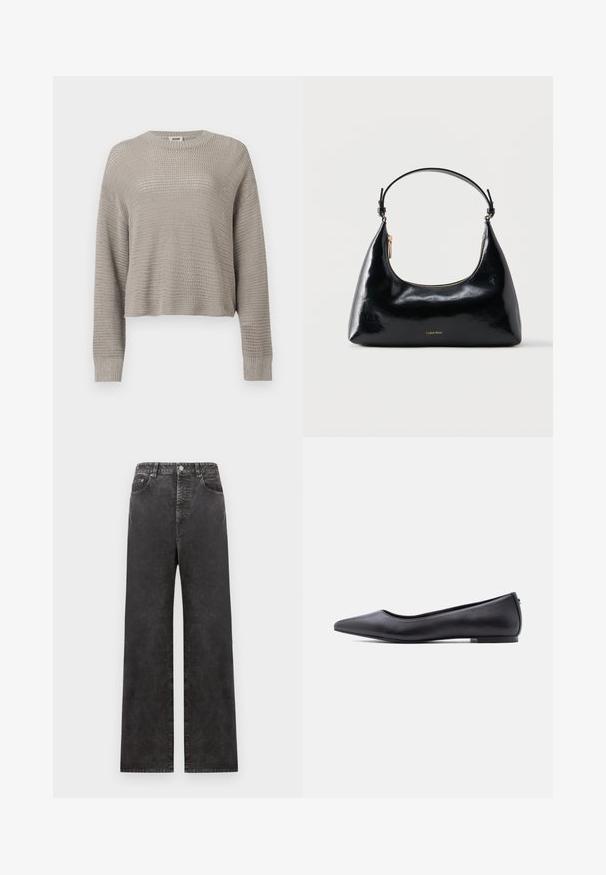 Pull gris clair à manches longues en maille, col rond et poignets côtelés, présentant un motif ajouré ample sur toute la surface.; Pantalons en denim noirs à jambe large avec une taille haute, dotés de poches avant, d'une fermeture boutonnée et d'une texture légèrement délavée.; Chaussure plate en cuir noire à bout pointu avec petit talon, vue de profil sur fond blanc.; Sac à main Calvin Klein noir brillant avec fermeture éclair dorée et anse courte sur fond blanc uni.