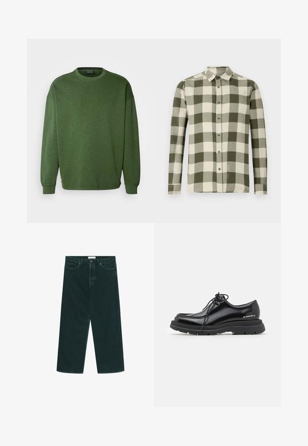 Grøn sweatshirt med rund halsudskæring, løst fit og lange ærmer. Fremstillet af et struktureret materiale med ribbede manchetter og kant.; Langærmet skjorte i et grønt og cremefarvet ternet mønster, lavet af letvægtsstof, med en knap-ned krave og frontknapper.; Mørkegrønne vidde denimjeans med knap- og lynlås lukning, forlommer og bæltestropper, liggende fladt på en hvid baggrund.; Sorte læder dressko med rund tå, tyk gummisål, snørebåndsdesign og markant syning langs kanten.