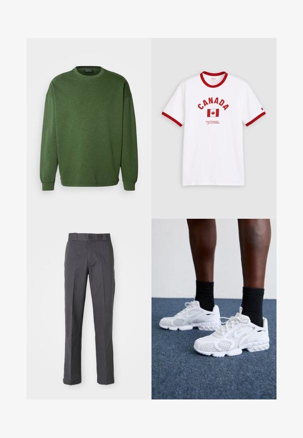 Grüner Pullover mit rundem Ausschnitt, lockerer Passform und langen Ärmeln. Hergestellt aus einem strukturierten Stoff mit gerippten Bündchen und Saum.; Weißes T-Shirt mit kurzen Ärmeln, rotem Kragen und Ärmelsäumen, mit dem Schriftzug „CANADA“, einer roten Ahornblattflagge und Levi's-Logo darunter.; Dunkelgraue Hose aus Baumwollmischung mit geradem Bein, vorderen Taschen und einem Knopfverschluss an der Taille.; Weiße Sportschuhe mit Mesh-Obermaterial, strukturierten Akzenten und gepolsterter Sohle. Kombieirt mit schwarzen gerippten Knöchelsocken auf einer blauen Teppichoberfläche.