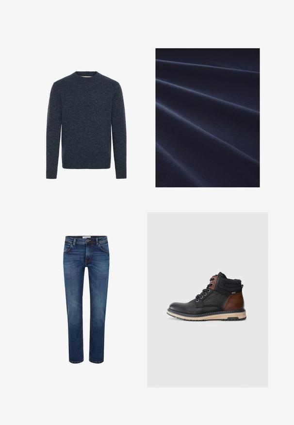 Suéter de punto azul marino con cuello redondo, mangas largas y una textura en la tela. Presenta un detalle de puños y dobladillo acanalados.; Tejido de algodón azul marino con una textura suave y pliegues visibles, que presenta un color uniforme con un ligero brillo que refleja la luz.; Vaqueros de mezclilla en azul oscuro con un diseño de pierna recta, estilo de cinco bolsillos y costura en contraste. Cintura estándar con cierre de botón.; Botín de cuero negro y marrón con suela beige, cordones negros, cuello texturizado y detalle de forro de forro polar sobre un fondo blanco.