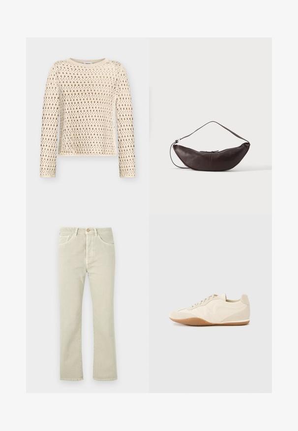 Pull crochet crème à manches longues avec motif ajouré et encolure ronde, présenté sur un fond clair uni.; Jean droit beige clair avec fermeture à bouton, cinq poches et détails de couture discrets, fabriqué en tissu denim.; Baskets beige clair avec une tige en cuir texturé, des panneaux latéraux texturés et une semelle en caoutchouc. Dotées d'un design fin et épuré ainsi que de lacets plats.; Sac d'épaule en cuir marron foncé en forme de croissant avec une lanière courbée et des coutures visibles sur fond uni.
