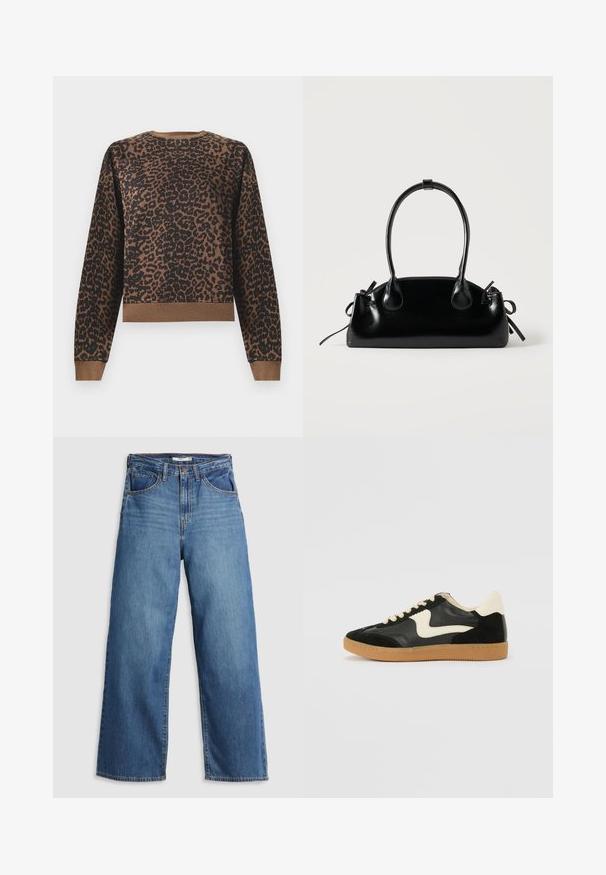 Pull long à manches longues avec un motif léopard marron et noir, incluant des poignets, un col et un ourlet côtelés, sur un fond blanc.; Jean large en denim bleu à taille haute, doté de cinq poches, de coutures contrastantes et d'une fermeture éclair.; Baskets en daim et cuir noir avec un swoosh latéral crème et un talon crème clair. Dotées de lacets beige et d'une semelle en caoutchouc gomme.; Petit sac à main noir brillant avec deux longues anses et des détails à cordon sur les côtés sur un fond clair uni.