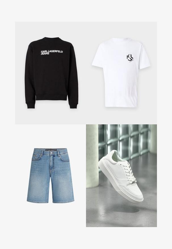 Čierna mikina s okrúhlym výstrihom a rebrovanými manžetami. Na prednej strane obsahuje biely nápis "KARL LAGERFELD JEANS". Mäkkó materiál.; Biela bavlnená tričko s krátkymi rukávmi, na ľavej strane hrudníka zobrazuje čierne grafické logo. Hladký materiál a okrúhly výstrih.; Džínsové šortky vo svetlom odtieni modrej, s klasickým strihom, piatimi vreckami a kontrastným prešitím. Dokončené štandardným pásom a zatváraním na gombík.; Biela kožená teniska s okrúhlou špičkou, šnurovacím predným dielom a plochou gumovou podrážkou. Obsahuje perforované detaily a jemný akcent loga.