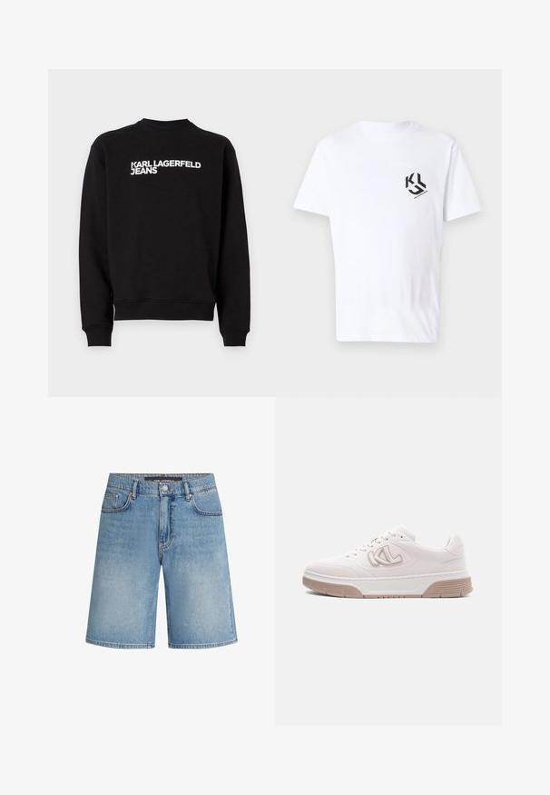 Sudadera negra con cuello redondo y puños acanalados. Presenta el texto blanco "KARL LAGERFELD JEANS" en la parte delantera. Material suave.; Camiseta de algodón blanca de manga corta, con un logo gráfico negro en el área del pecho izquierdo. Textura suave y escote redondo.; Shorts de mezclilla en azul claro, con un corte clásico, cinco bolsillos y costuras en contraste. Terminado con una cinturilla estándar y cierre de botón.; Zapatilla blanca de corte bajo con suela beige, diseño de logo lateral y cierre de cordones sobre fondo gris claro uniforme.