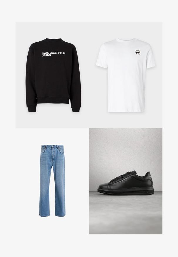 Čierna mikina s okrúhlym výstrihom a rebrovanými manžetami. Na prednej strane obsahuje biely nápis "KARL LAGERFELD JEANS". Mäkkó materiál.; Biela bavlnená tričko s malou čiernobielou grafikou na ľavej hrudi. Klasický okrúhly výstrih a krátke rukávy.; Svetlo modré denimové džínsy so strihom rovného nohu, päť vreciek, zapínanie na gombík, minimálne vyblednutie a kontrastné švy.; Osoba nosiaca čierne tenisky Karl Lagerfeld s čiernymi nohavicami, stojaca na drevenej parketovej podlahe proti bielej doskovanej stene.