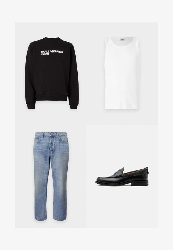 Schwarzer Sweatshirt mit rundem Halsausschnitt und gerippten Bündchen. Trägt den weißen Text "KARL LAGERFELD JEANS" auf der Vorderseite. Weiches Material.; Weißes Baumwoll-Tanktop ohne Ärmel mit Rundhalsausschnitt und glatter Textur. Einfaches Design, ohne Muster oder Akzente.; Helle blaue Jeans mit geradem Schnitt, fünf Taschen, sichtbaren Nähten und einem Knopfverschluss an der Taille.; Schwarzer Leder-Herrenschuh mit Mokassinnaht, Penny-Riemen, strukturiertem Kragen und niedrigem gestapeltem Absatz auf weißem Hintergrund.