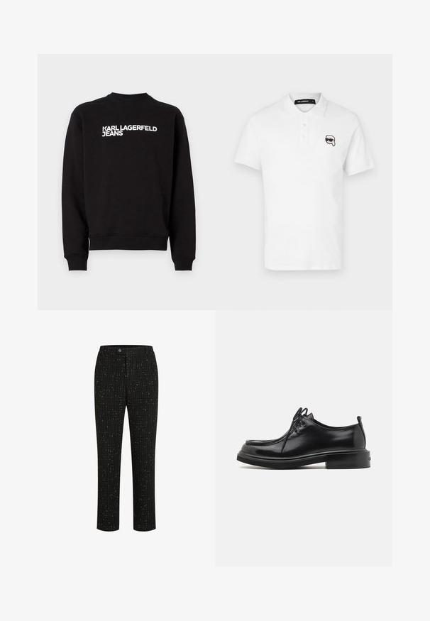 Zwarte sweater met een ronde hals en ribgebreide boorden. Met witte tekst "KARL LAGERFELD JEANS" aan de voorkant. Zacht materiaal.; Witte polo met korte mouwen, drie knopen bij de hals, en een zwart geborduurd cartoonlogo op de linkerborst.; Zwarte op maat gemaakte broek met een gestructureerd patroon van dunne verticale witte lijnen, een rechte snit en een knoopsluiting in de taille.; Calvin Klein LACE UP APRON BRUSH OFF - Veterschoenen - black