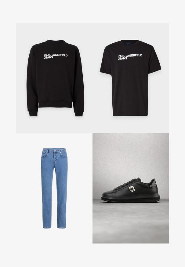Zwarte sweater met een ronde hals en ribgebreide boorden. Met witte tekst "KARL LAGERFELD JEANS" aan de voorkant. Zacht materiaal.; Zwarte katoenen T-shirt met korte mouwen en ronde halslijn, met diagonaal over de voorkant in witte tekst "KARL LAGERFELD JEANS".; Lichtblauwe denim jeans met een recht beenontwerp, vijf zakken en een knoopsluiting. De stof heeft een gestructureerde afwerking met subtiele vervaging.; Persoon draagt zwarte leren broek en zwarte sneakers met een klein cartoonaccessoire aan de zijkant, staand op een houten vloer.