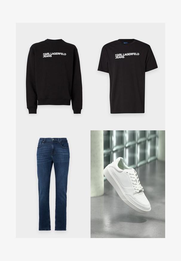 Schwarzer Sweatshirt mit rundem Halsausschnitt und gerippten Bündchen. Trägt den weißen Text "KARL LAGERFELD JEANS" auf der Vorderseite. Weiches Material.; Schwarzes Baumwoll-T-Shirt mit kurzen Ärmeln und rundem Halsausschnitt, mit weißem Text "KARL LAGERFELD JEANS" diagonal über die Vorderseite.; Dunkelblaue Jeans aus Denim mit geradem Bein, fünf Taschen und Knopfverschluss. Gleichmäßige Textur mit dezenten Ausbleichdetails.; Weißer Ledersneaker mit abgerundeter Spitze, Schnürverschluss und flacher Gummisohle. Verfügt über perforierte Details und dezentes Logo-Akzent.