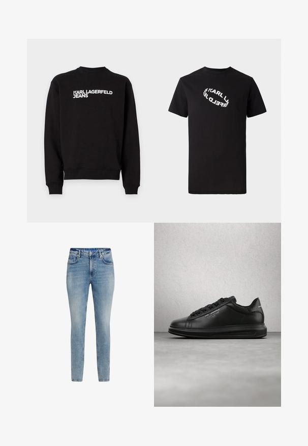 Schwarzer Sweatshirt mit rundem Halsausschnitt und gerippten Bündchen. Trägt den weißen Text "KARL LAGERFELD JEANS" auf der Vorderseite. Weiches Material.; Schwarzes Baumwoll-T-Shirt mit kurzen Ärmeln und Rundhalsausschnitt. Auf der Vorderseite befindet sich ein verzerrter, weißer Logotext.; Helle blaue, figurbetonte Jeans aus Denim. Mit fünf Taschen, Knopfschluss und sanften Ausbleichungen. Glatte Textur und gerader Schnitt.; Person trägt schwarze Karl Lagerfeld Sneakers mit schwarzer Hose und steht auf einem Holzdielenboden vor einer weißen vertäfelten Wand.