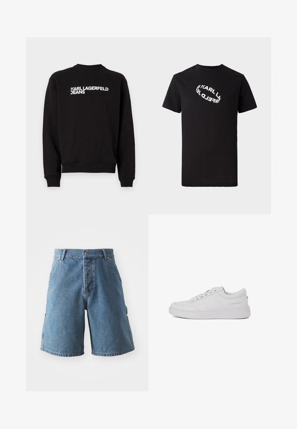 Zwarte sweater met een ronde hals en ribgebreide boorden. Met witte tekst "KARL LAGERFELD JEANS" aan de voorkant. Zacht materiaal.; Zwarte katoenen t-shirt met korte mouwen en een ronde hals. Voorzien van een witte, vervormde logo-tekst gedrukt op de voorkant.; Lichtblauwe denim shorts. Heeft een klassiek vijf-pocket ontwerp, knoopsluiting en rechte snit. Stof ziet er zacht uit met een lichte vervaging.; Witte leren sneakers met een klassiek low-top ontwerp, platte zool en subtiele merklogo op de hiel. Voorzien van vijf metalen oogjes voor veters.