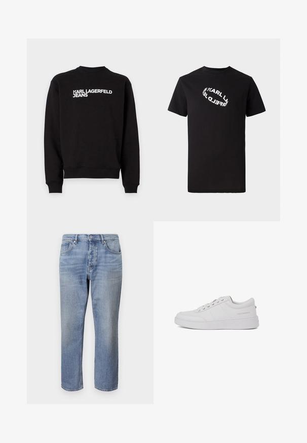 Must musträpiga sweatshirt ümmarguse kaelusega ja ribadega käistes. Esiosas on valge kiri "KARL LAGERFELD JEANS". Pehme materjal.; Must värvi puuvillane t-särk lühikeste varrukatega ja ümmarguse kaelusega. Ees on valge, moonutatud logotekst.; Heledad sinise denimi sirgedega püksid viie taskuga disainiga, nähtavate õmblustega ning nööbiga talje kinnitamiseks.; Valge nahast tennisetossud klassikalise madala disainiga, tasase tallaga ja peene kaubamärgiga logoga kanna peal. Omab viit metallist silma lukkude jaoks.