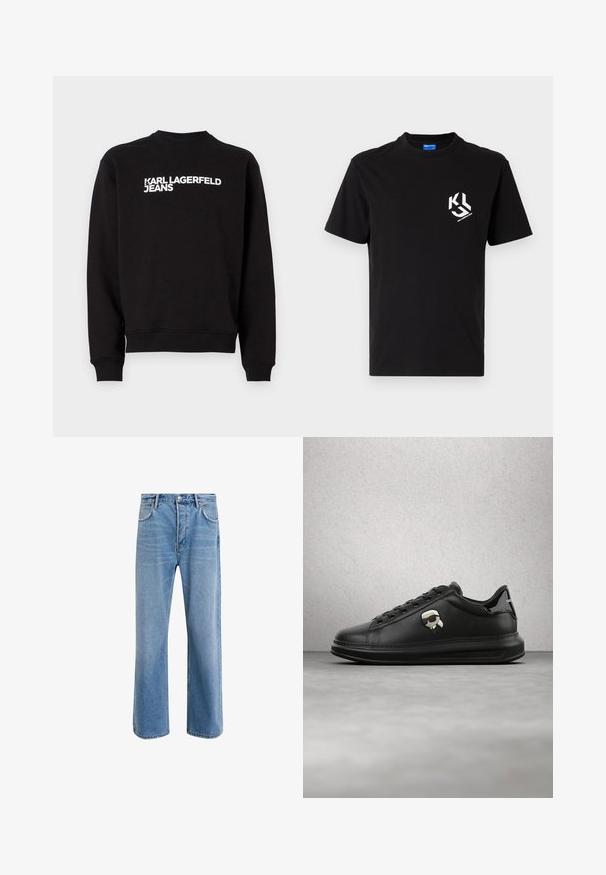 Čierna mikina s okrúhlym výstrihom a rebrovanými manžetami. Na prednej strane obsahuje biely nápis "KARL LAGERFELD JEANS". Mäkkó materiál.; Čierne bavlnené tričko s bielou grafikou na ľavej strane hrude. Okrúhly výstrih, krátke rukávy a klasický strih.; Svetlo modré denimové džínsy so strihom rovného nohu, päť vreciek, zapínanie na gombík, minimálne vyblednutie a kontrastné švy.; Osoba nosiaca čierne kožené nohavice a čierne tenisky s malým doplnkom s postavičkou z rozprávky na boku, stojaca na drevenej podlahe.
