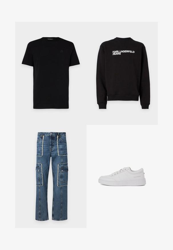 Čierna mikina s okrúhlym výstrihom a rebrovanými manžetami. Na prednej strane obsahuje biely nápis "KARL LAGERFELD JEANS". Mäkkó materiál.; Čierne tričko s krátkym rukávom vyrobené z bavlny, s klasickým okrúhlym výstrihom a jemne vyrazeným logom na ľavej strane hrude. Hladká textúra.; Džínsy cargo nohavice v stredne modrej farbe s voľným strihom. Majú strapce na okrajoch, viaceré cargo vrecká a kontrastné švy.; Biele kožené tenisky s klasickým nízkym strihom, plochou podrážkou a diskrétnym logom značky na päte. Obsahujú päť kovových očiek na šnúrky.