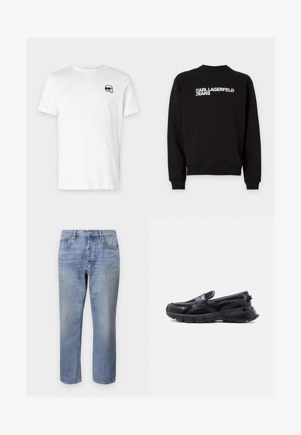 Sort sweatshirt med rund hals og ribbede manchetter. Har hvid tekst "KARL LAGERFELD JEANS" på forsiden. Blødt materiale.; Hvid bomulds-t-shirt med et lille sort og hvidt grafik på venstre brystområde. Klassisk rund hals og korte ærmer.; Lyseblå denim jeans med lige pasform, fem-lomme design, synlige sting og knaplukning i taljen.; Sort slip-on sneaker med tyk tekstureret sål og meshpaneler, designet til afslappet og atletisk brug.